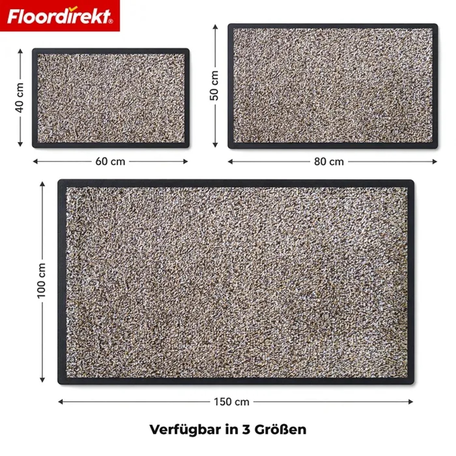 Floordirekt KARAT Schmutzfangmatte, beige meliert, mit schwarzem Rand, in drei Größen dargestellt. Rutschfeste, waschbare Fußmatte.