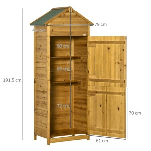 Outsunny Gerätehaus aus Holz mit 2 Regalen, wetterfest, 79x49x191,5 cm. Offene Tür zeigt Innenraum.