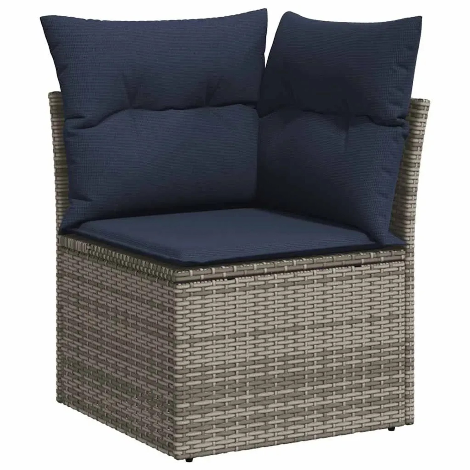 Graues vidaXL Garten-Ecksofa aus Rattan mit marineblauen Kissen als Teil einer Sofagarnitur.