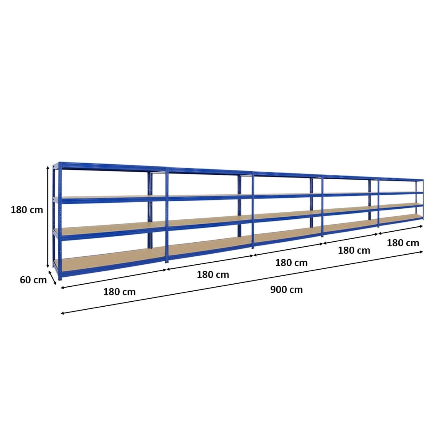 PROREGAL Schwerlastregal DINO 5er-Set, 180x180x60cm, blau, mit 4 MDF-Fachböden. Ideal für Werkstatt und Lager.