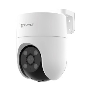 Weiße Ezviz H8C 2K Outdoor-Kamera zur Videoüberwachung mit Wandhalterung.