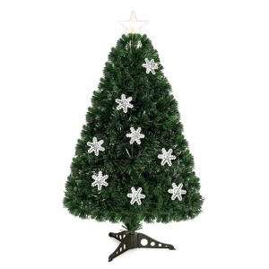 Grüner künstlicher Weihnachtsbaum 90cm mit Glasfaser-Farbwechsel, Sternspitze und Schneeflocken auf dunklem Ständer.