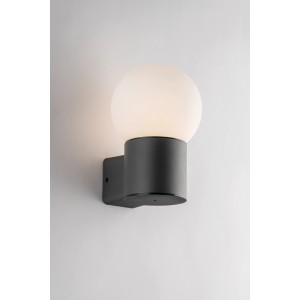 Eco-Light Außenwandleuchte Skittle, anthrazitfarbene Wandlampe mit runder, weißer Leuchtkugel.