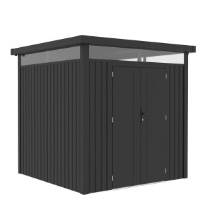 Anthrazitfarbenes Juskys Gerätehaus Luzern (5,3 m²) mit Doppeltür und Fenstern.