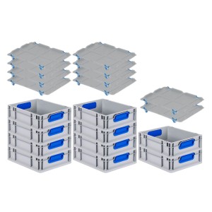 PROREGAL Spar Set: 10 graue Euroboxen mit blauen Griffen und Auflagedeckel, gestapelt.