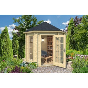 Lasita Maja Pavillon Inverness 44 Natur, 280x242 cm, mit geöffneten Doppeltüren und Fenster im Garten.