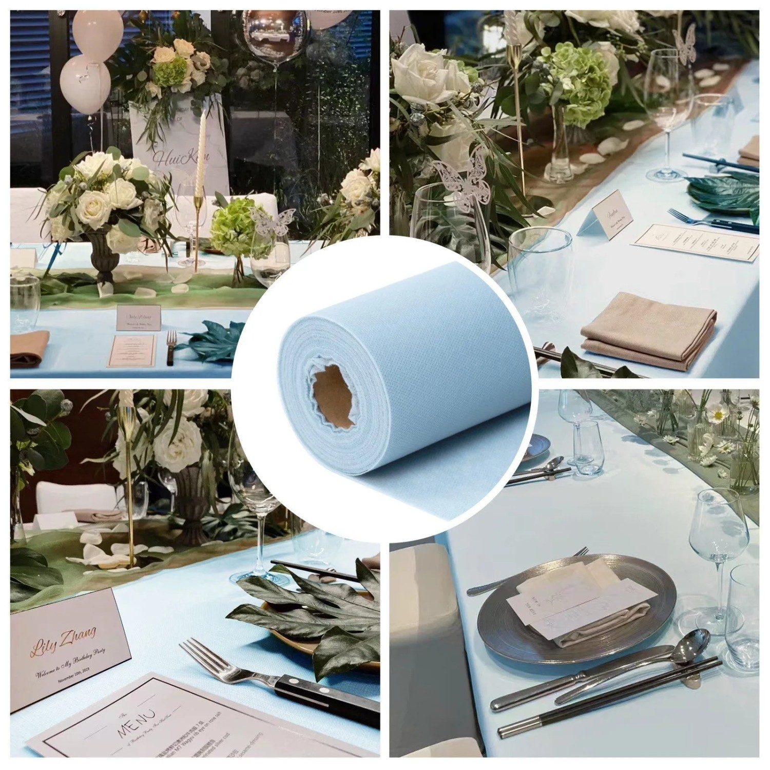 Helleblaue Vlies-Tischdeckenrolle, 118 cm x 25 m, ideal für festliche Tischdekorationen und Events.