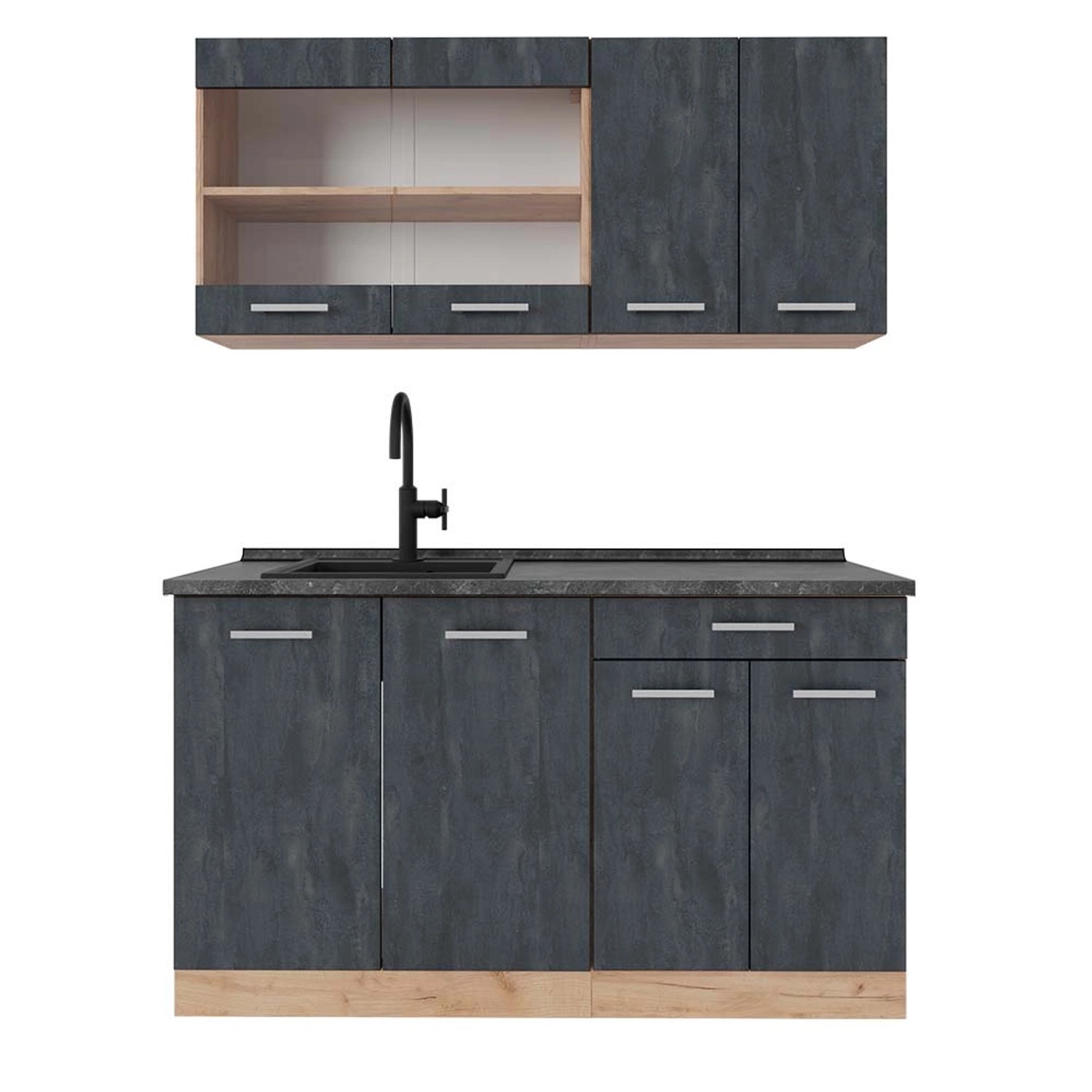 Vicco R-Line Mini-Küche Schwarz Beton/Goldkraft Eiche 140 cm AP Anthrazit günstig online kaufen