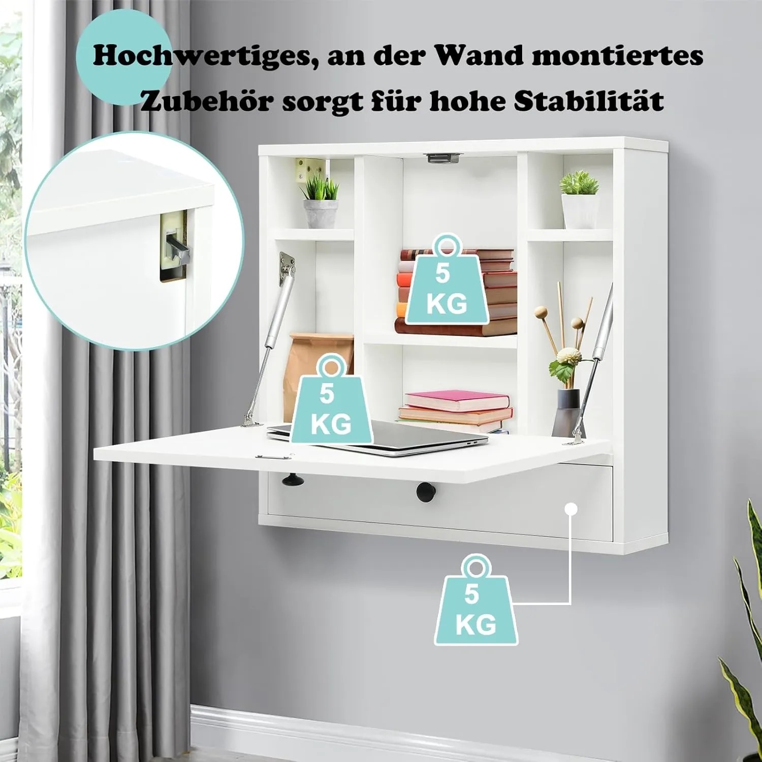 Weißer Costway Wandklapptisch mit offener Arbeitsplatte, Ablagefächern und Schublade. Kompakter Schreibtisch für Homeoffice.