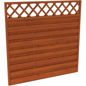 Sichtschutzzaun Country, teakfarben lasiert, 180x180cm, mit Lattenzaun-Abschluss.