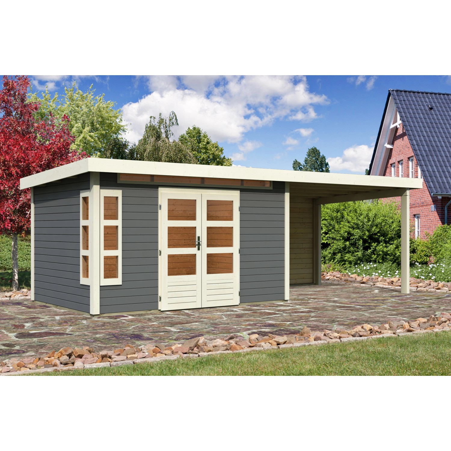 Karibu Holz-Gartenhaus/Gerätehaus Kastberg Terragrau Flachdach Lackiert 360 cm x 240 cm