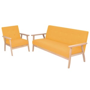 Gelbe vidaXL Sofagarnitur, 2-teilig: Sessel und 3-Sitzer Sofa mit Holzgestell und Stoffbezug.