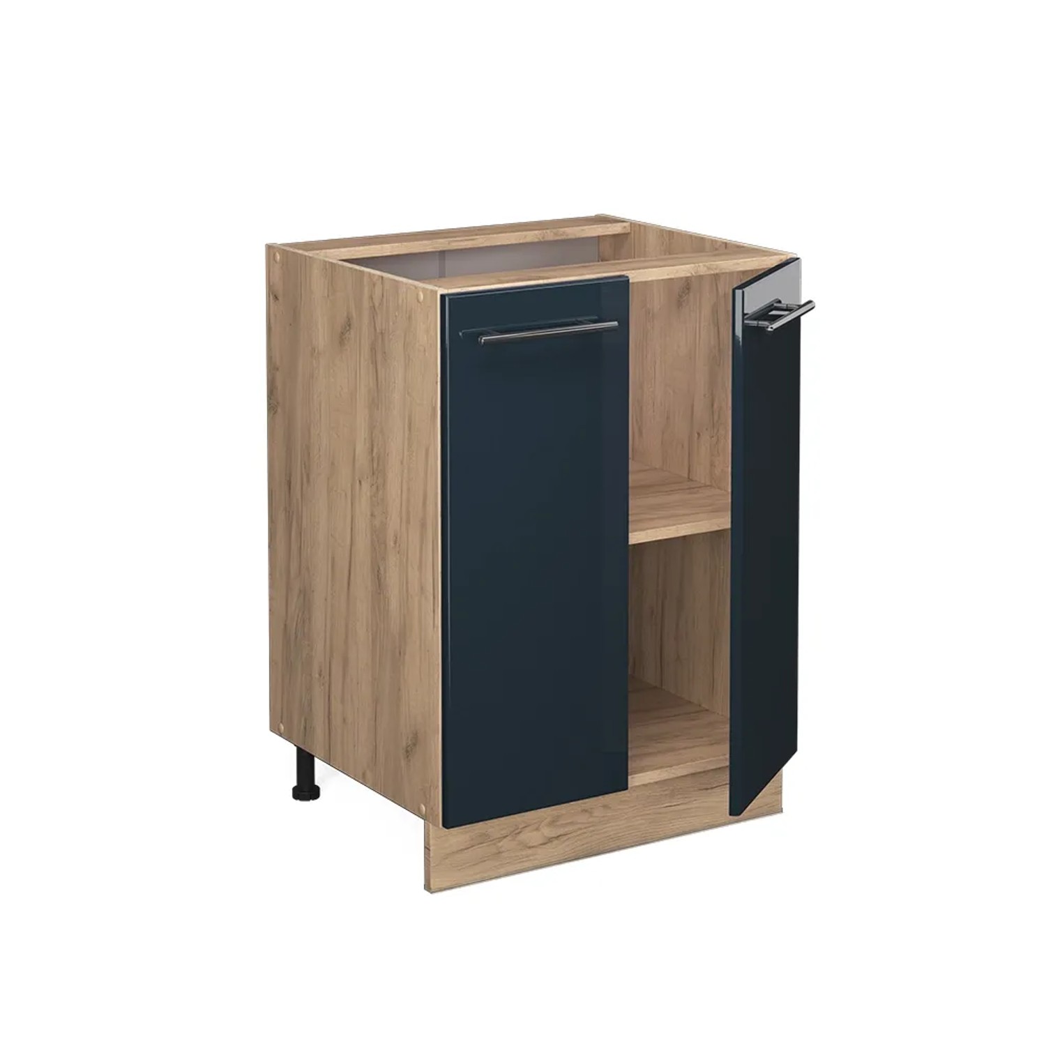 Küchenunterschrank in Dunkelblau Hochglanz und Goldkraft Eiche, 60 cm breit.