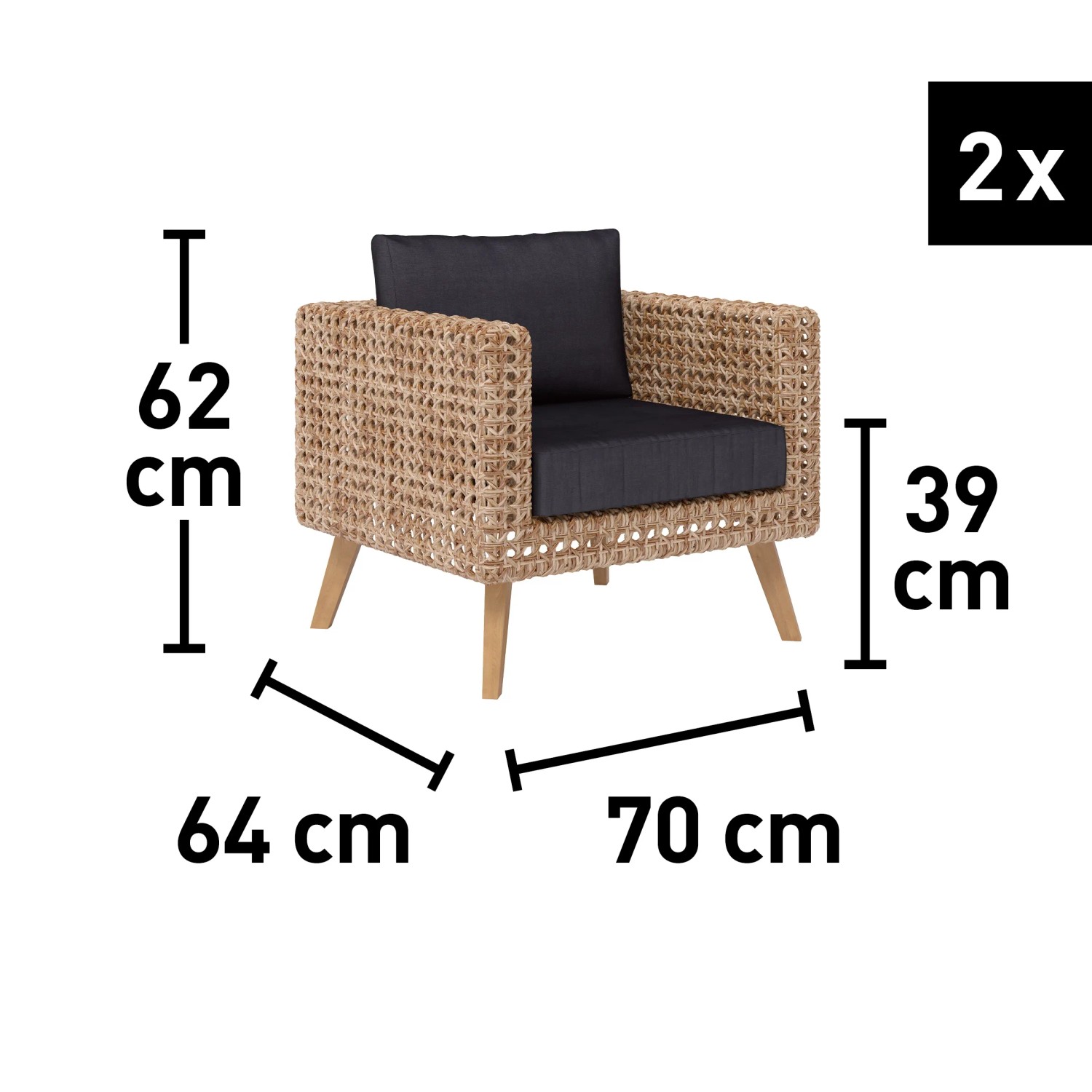 Lounge Sessel Junee aus Polyrattan in Natur mit anthrazitfarbenen Kissen, Maße