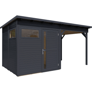 Anthrazitfarbenes Holz-Gartenhaus Bertilo Pentus 2 Lounge mit Vordach und Fenster.