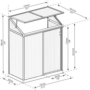 Skizze des Palram Canopia Minigewächshauses Lean To, 125x64 cm, silber, mit Maßangaben.