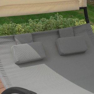 Detailansicht: Graue SoBuy Schaukelliege für 2 Personen mit Nackenkissen und Sonnenschutz.