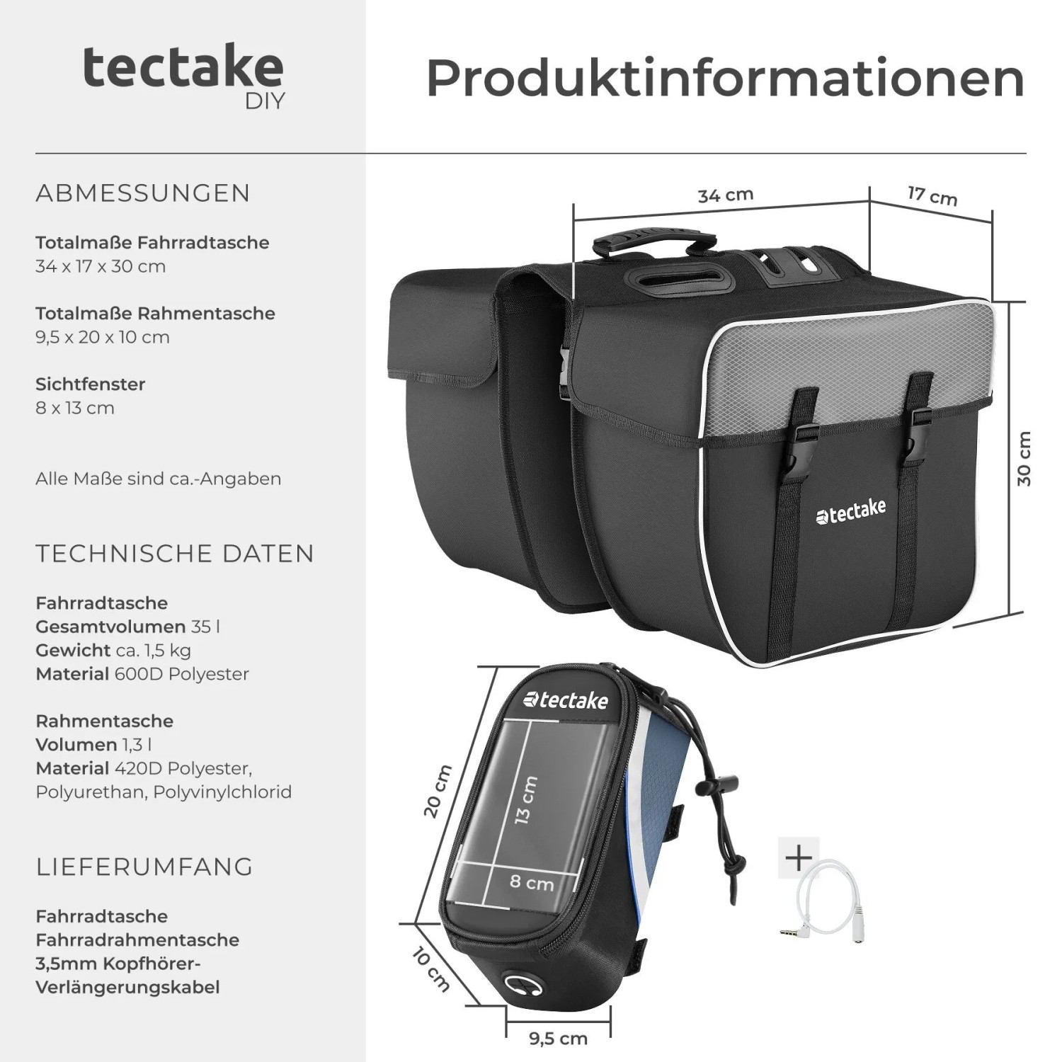 Tectake Fahrradtaschen Set: Gepäckträgertasche und Rahmentasche mit Handyfach, Maße siehe Abbildung.