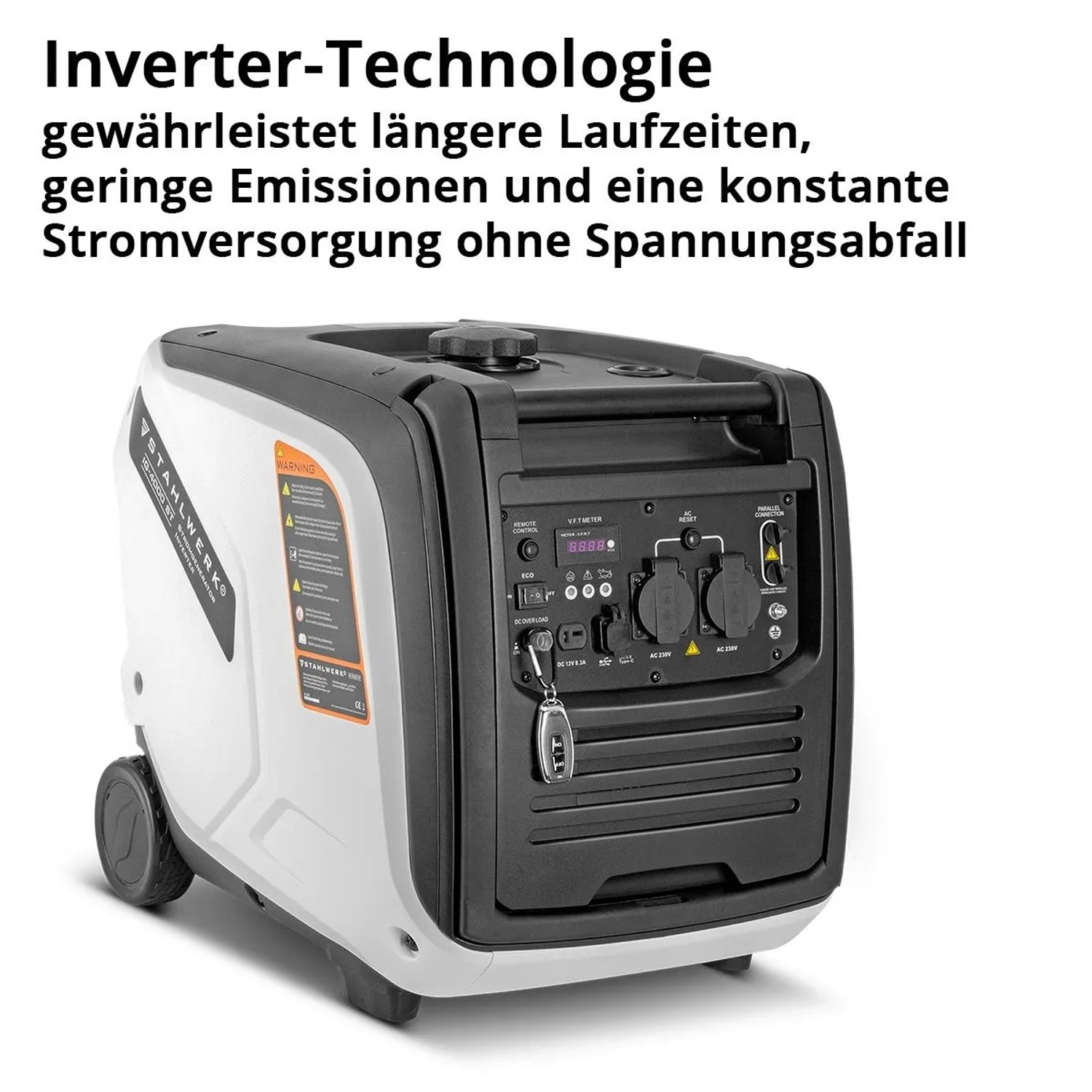 STAHLWERK Inverter Stromgenerator IG 4000 ST, weiß-schwarz, mit Bedienfeld und Steckdosen für mobile Stromversorgung.