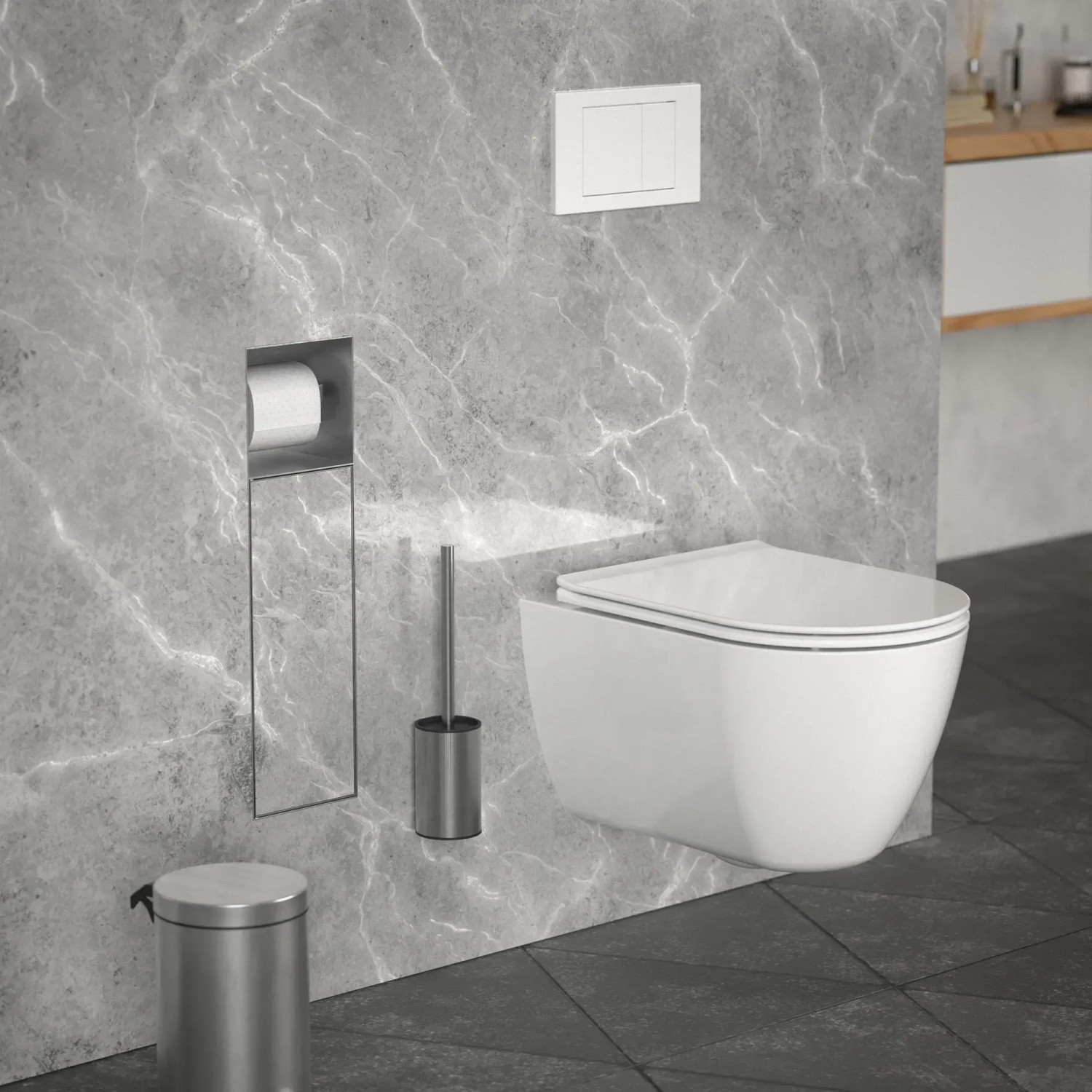 LuxeBath Unterputz WC-Modul Silber aus Edelstahl mit Toilettenbürste und Papierhalter.