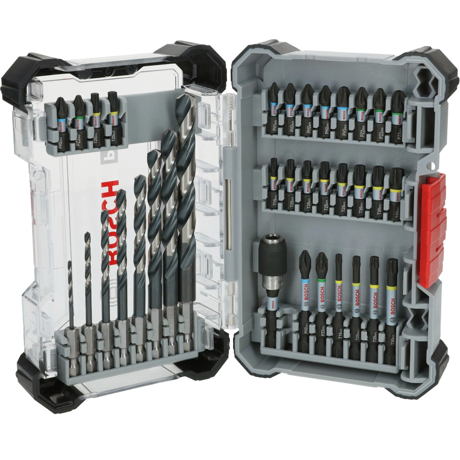 Bosch Pro Impact Metal 35-teiliges Schrauber-Bit und Metallbohrer-Set in geöffnetem Koffer.