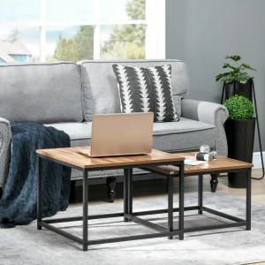 HOMCOM Couchtisch 2er-Set im Industrie-Design mit Holzoptik und schwarzem Stahlrahmen.