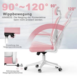 Ergonomischer Bürostuhl Rattantree in Pink mit verstellbarer Rückenlehne und Kopfstütze.
