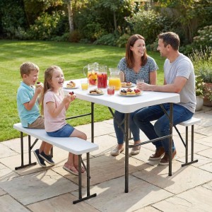 Sekey Bierzeltgarnitur klappbar, weiße Kunststoff-Gartenmöbel für Familie im Garten.