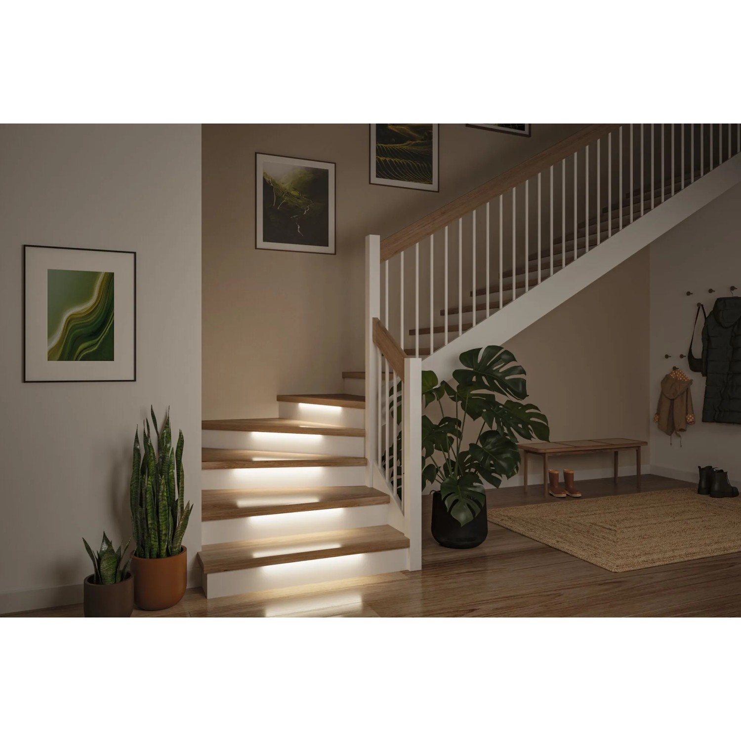 Paulmann MaxLED Stair LED-Strip-Erweiterung beleuchtet Holztreppe. Warmweißes Licht unter den Stufen für Sicherheit & Stil.