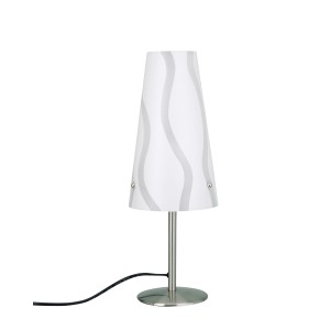 Weiße Tischleuchte Ingolstadt mit Dekor und Metallsockel. Design-Tischlampe für E14 Leuchtmittel.