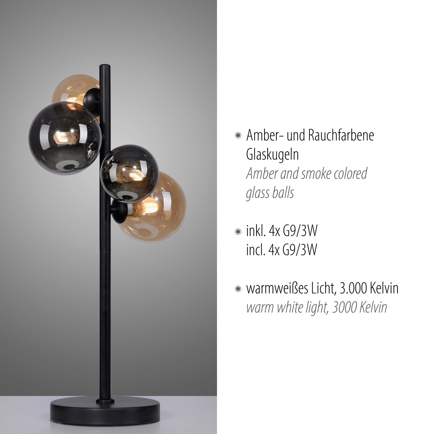 Schwarze Paul Neuhaus Tischleuchte Popsicle mit Amber- und Rauchglas-Kugeln.