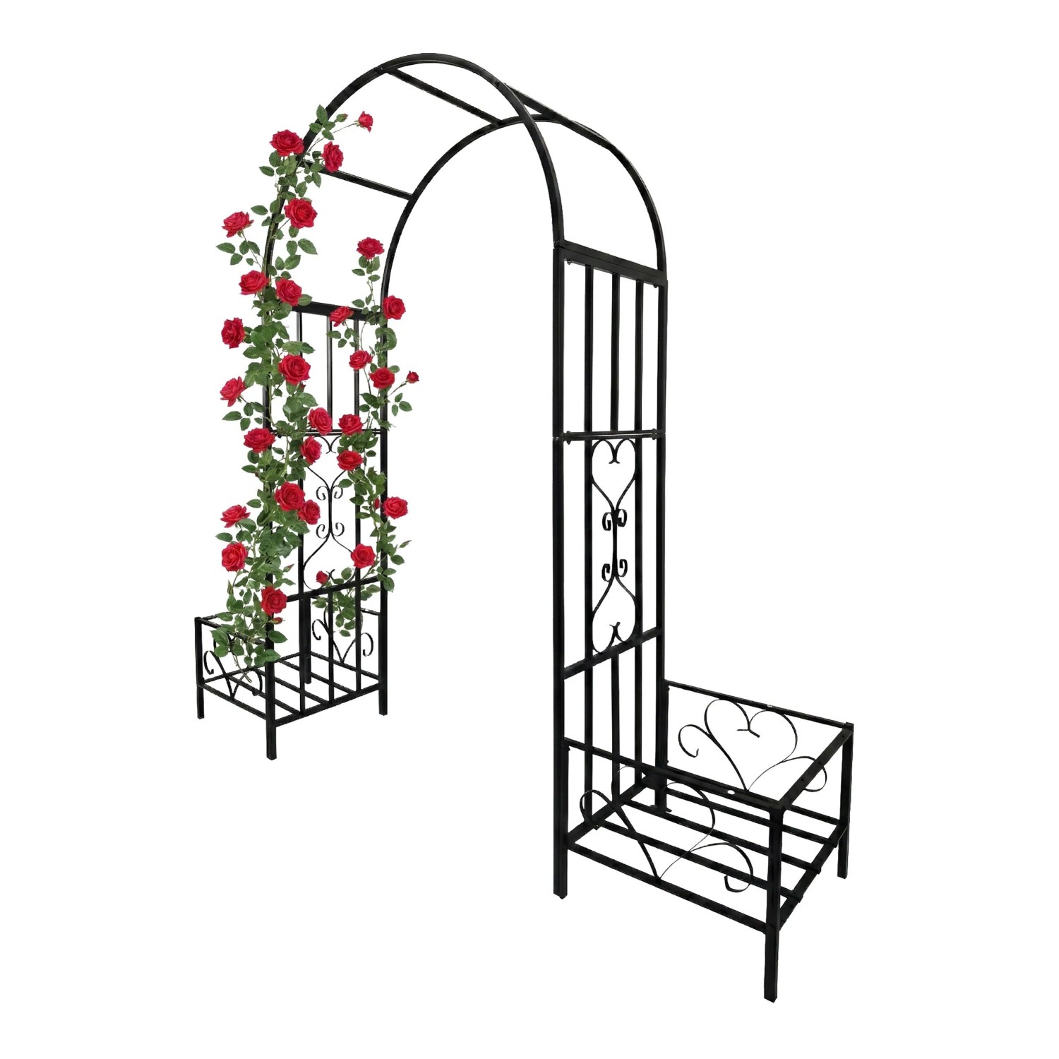 Relaxdays Rosenbogen Eisen Schwarz mit Pflanzkästen 206 cm x 216 cm x 50 cm