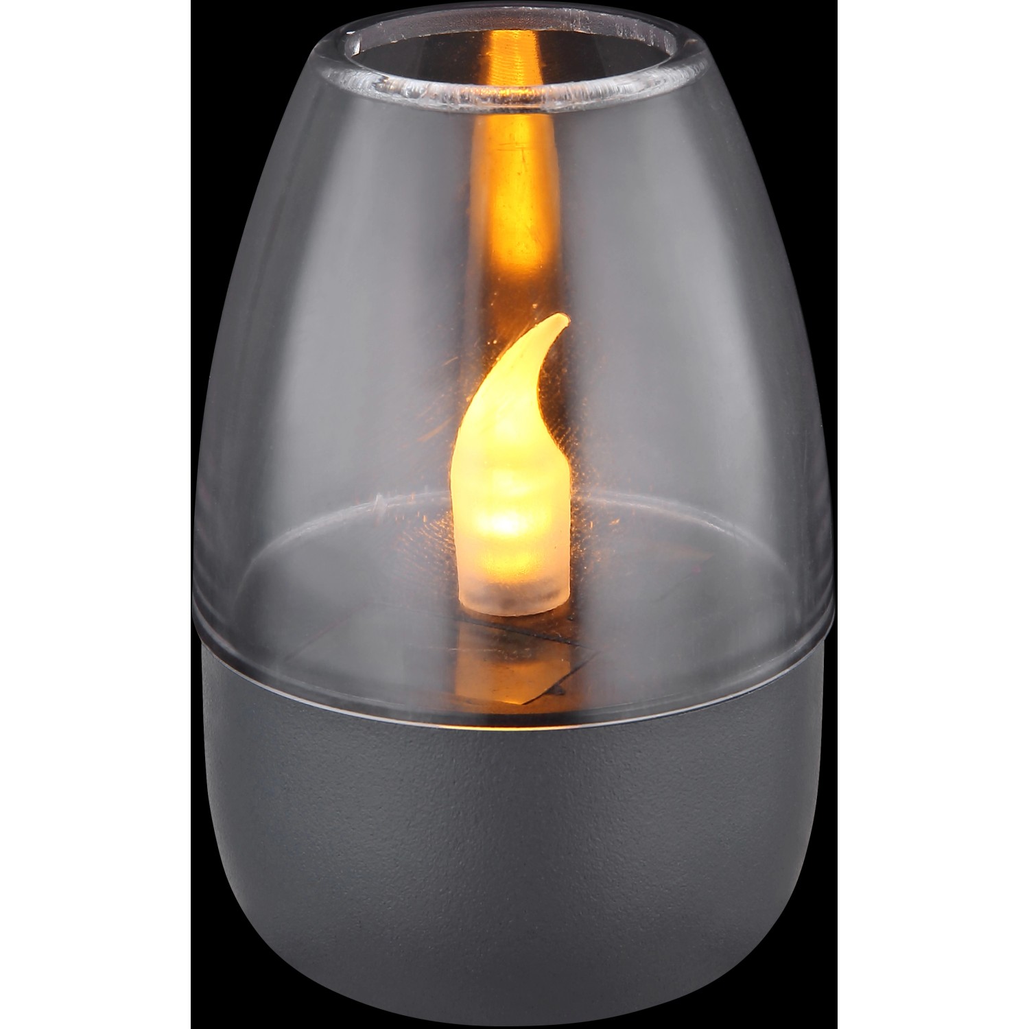 Dunkelgraue Globo LED Solarleuchte mit Flammeneffekt unter klarem Schirm. Solar-Deko für den Garten.