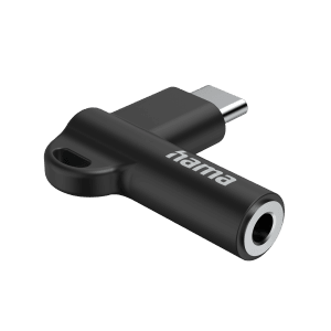 Schwarzer Hama Aux-Adapter mit USB-C und 3,5 mm Klinke im 90° Winkel.