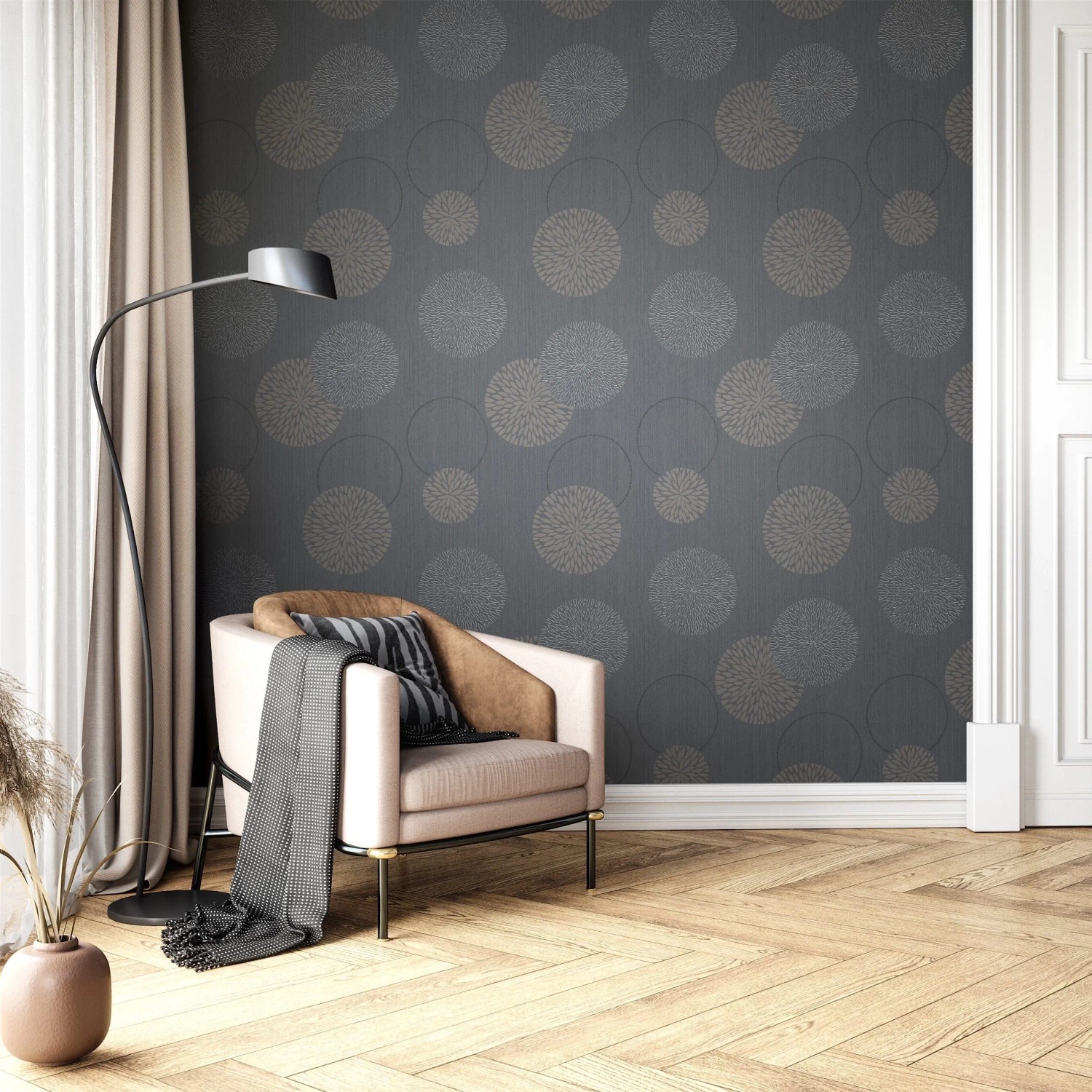 Newroom Vliestapete Raina Silber Kreise Retro Strukturiert FSC®_5