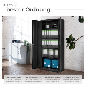 Schwarzer Tectake Aktenschrank aus Stahl mit geöffneten Flügeltüren, gefüllt mit Ordnern.