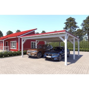 Doppelcarport Ralf, reinweiß mit rotem Blechdach, bietet Stellplatz für zwei Autos.