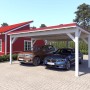 Doppelcarport Ralf, reinweiß mit rotem Blechdach, bietet Stellplatz für zwei Autos.