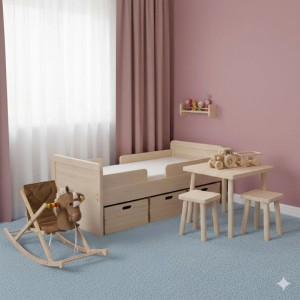 HolzFee Kinder Sitzgruppe aus lackiertem Buchenholz: quadratischer Tisch und zwei passende Hocker für Kinder.