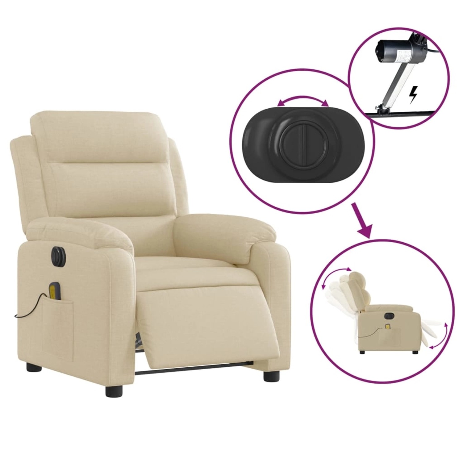 Elektrischer Massagesessel in Creme mit Relaxfunktion und seitlicher Tasche.