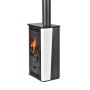 Moderner Firefix Kaminofen aus anthrazitfarbenem Stahl mit weißer Seitenverkleidung und sichtbarem Feuer, 5,8 kW Heizleistung.