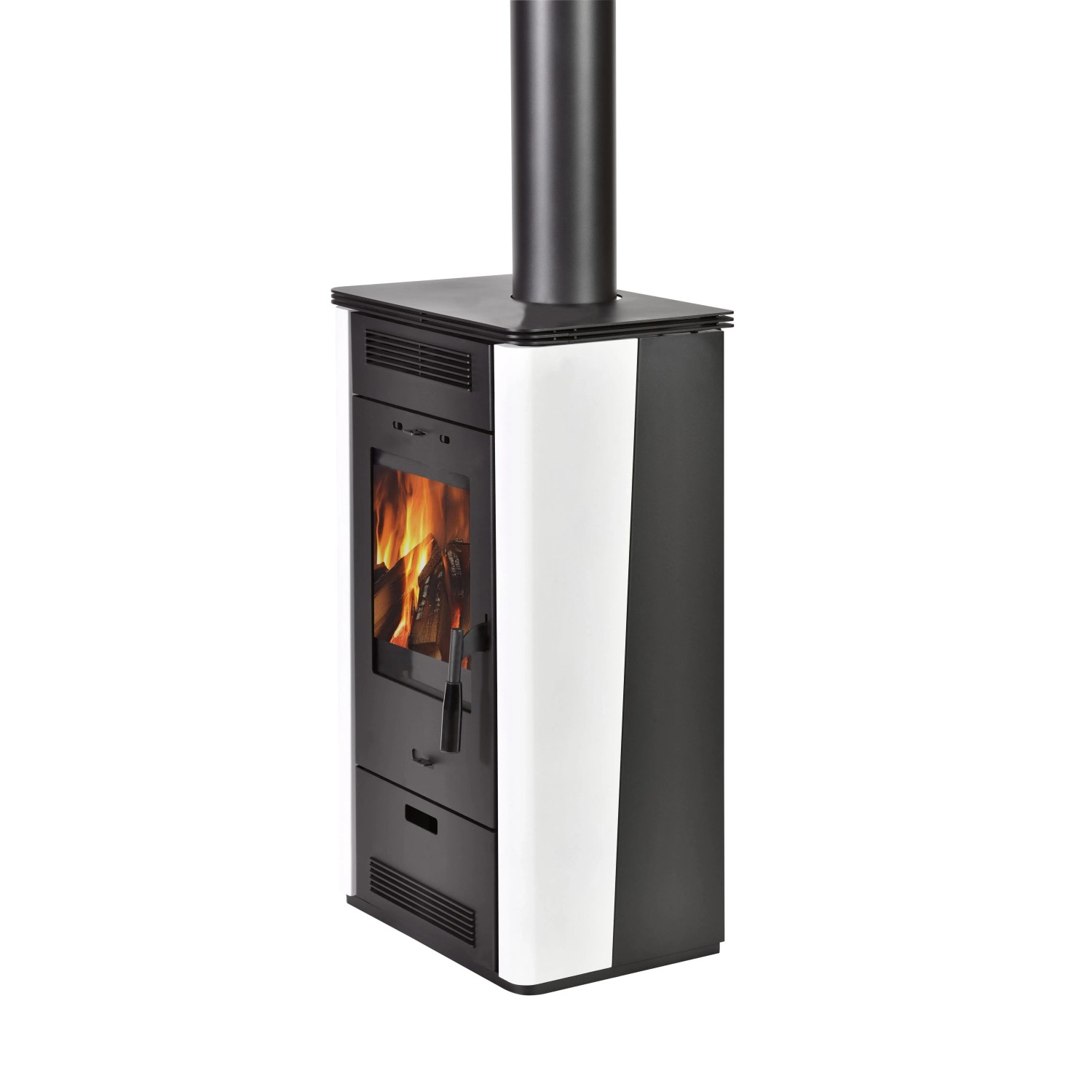 Moderner Firefix Kaminofen aus anthrazitfarbenem Stahl mit weißer Seitenverkleidung und sichtbarem Feuer, 5,8 kW Heizleistung.