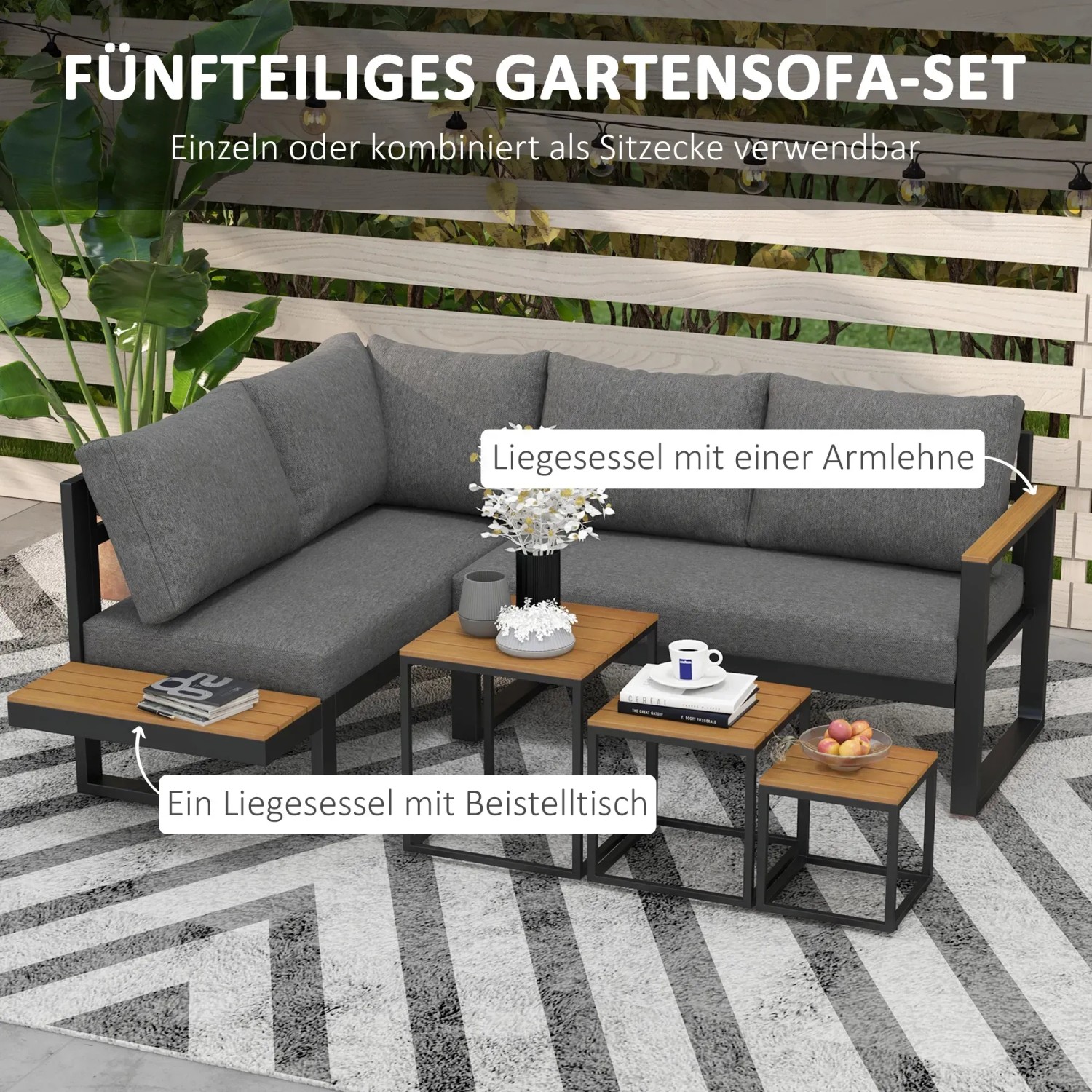Outsunny Garten Sofa Set, dunkelgrau, mit 2 Sofas und 3 Tischen als Lounge-Ecke.