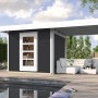 Modernes, anthrazitfarbenes Weka Holz-Gartenhaus mit Anbaudach und Panorama-Tür.