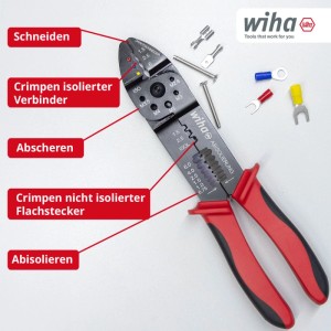 Wiha Crimpzange 5-in-1 mit roten Griffen. Funktionen: Schneiden, Crimpen, Abisolieren, Schrauben kürzen.
