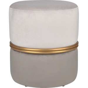 Moderner Sitzhocker in Hell- und Dunkelgrau mit goldener Zierleiste, Samtoptik, Ø 36 cm.