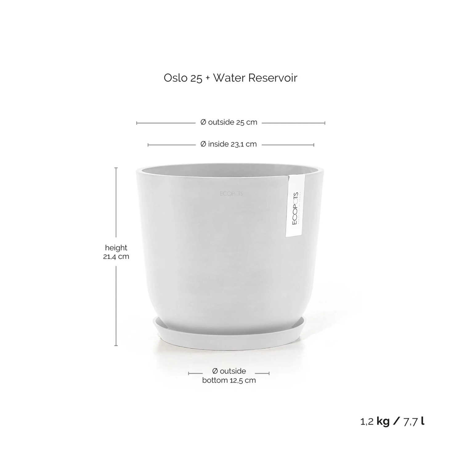 Ecopots Oslo Pflanztopf, 25 cm, weiß, mit Untersetzer. Ideal für Innen- und Außenbereich.