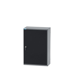 Küpper Hängeschrank, eintürig, mit 18 Sichtboxen, schwarz-hellgrau, zur Werkzeugaufbewahrung.