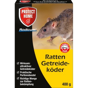 Protect Home Rodicum Rattenköder, 400g Packung mit Ratte auf der Vorderseite.