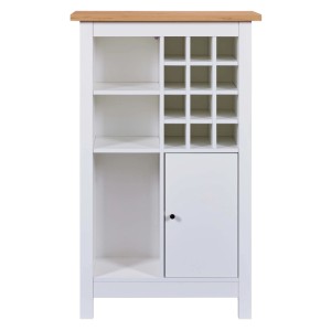 Weißer Weinschrank Julina mit Holzplatte, Fächern und Tür für Flaschen und Gläser.